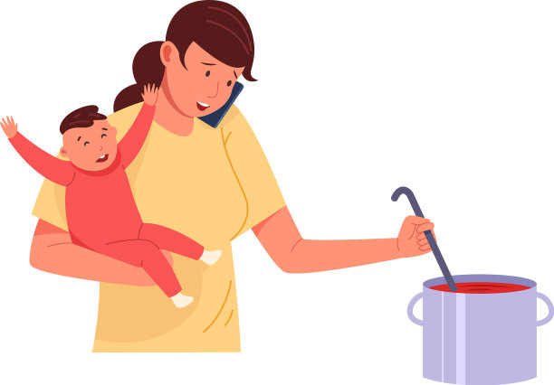 妈妈带着蹒跚学步的孩子煲汤煲电话图片下载