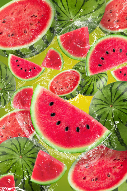 泼水在切成薄片的西瓜水果孤立在绿色背景上图片下载