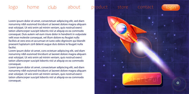 创业的概念。卡通风格的网页或在线商店登陆页。在彩色抽象空间背景上启动火箭。图形矢量插图在EPS 10格式。图片下载