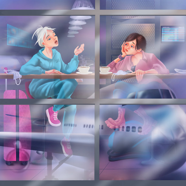 女友正坐在机场咖啡馆的酒吧里。起飞延误。卡通人物的旅游。旅行插图。窗外的平面反射在表面上图片下载