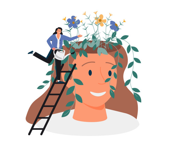 精神科护理，心理治疗的概念。一个女孩拿着一个喷壶在浇灌她脑袋里盛开的花朵。图片下载