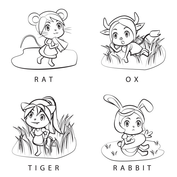 集中国十二生肖或生肖标志:鼠，牛，虎，兔卡通矢量插画，农历新年图片下载