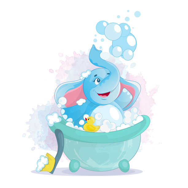一只小象在洗泡泡浴。一个快乐的卡通人物喜欢肥皂泡。儿童插图。图片下载