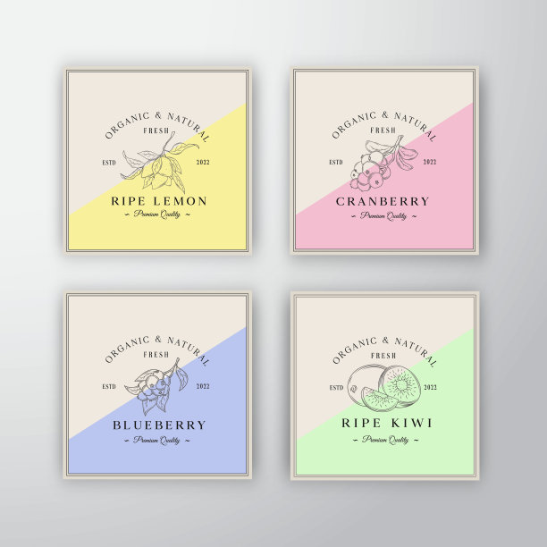 水果和浆果标签收集。摘要矢量包装设计布局集。现代印刷术横幅与手绘的标志和背景。孤立。图片下载