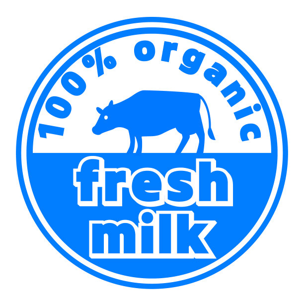 新鲜牛奶，100%有机。圆形食品标签标志。图片下载