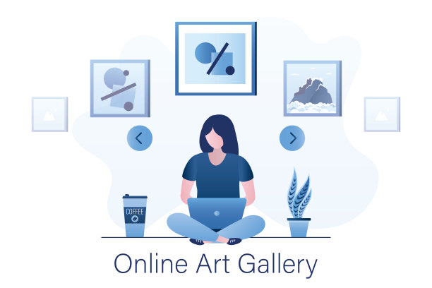 在线画廊。可爱的女人坐在笔记本电脑旁。笔记本电脑上的虚拟博物馆。女性使用者或学生正在学习艺术作品。交互式博物馆展览。图片下载