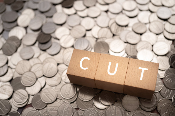 带有“CUT”文本概念的木块和硬币图片下载