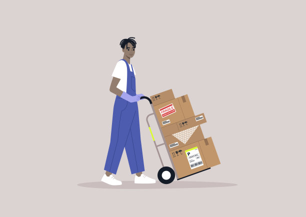 一个穿着牛仔工作服的年轻仓库工人推着一辆装满纸箱的推车，提供送货服务，货物运输图片下载