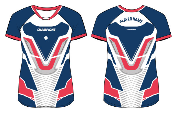 女子运动运动衫t恤设计平面素描插图，抽象图案圆领t恤的女孩和女子排球运动衫，足球，羽毛球，足球，无网球。运动制服装备图片下载