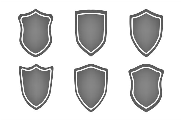 一套平坦的盾牌与轮廓上的白色背景。不同形状的盾牌。安全灰色图标。图片下载