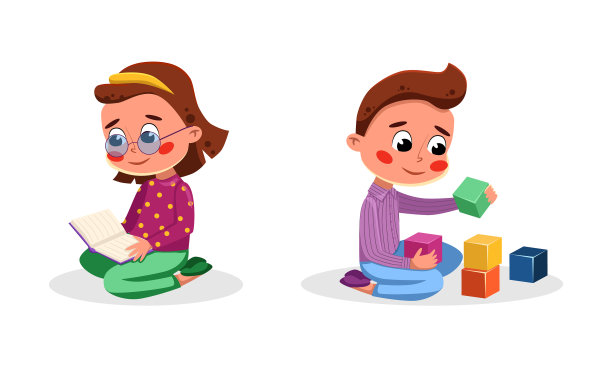 女孩看书男孩玩玩具积木卡通图片下载