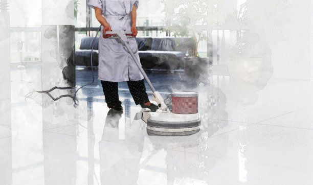 成人清洁女佣用无菌制服清洁走廊通过地板图片下载