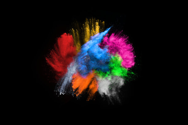 摘要彩色粉尘爆炸在黑色背景上。抽象粉末飞溅背景，彩色粉末爆炸/抛掷彩色粉末冻结运动，彩色闪光纹理。图片下载
