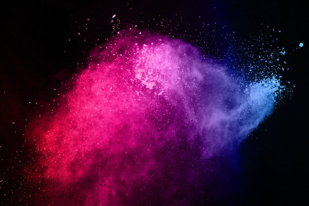 摘要彩色粉尘爆炸在黑色背景上。抽象粉末飞溅背景，彩色粉末爆炸/抛掷彩色粉末冻结运动，彩色闪光纹理。图片下载