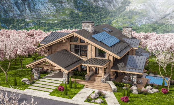 现代舒适小屋在春天的3d渲染图片下载