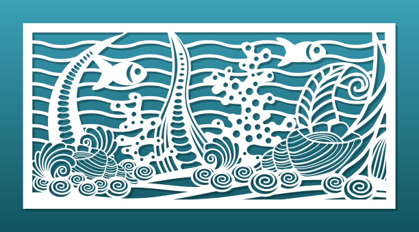 激光切割面板，海洋水下设计。CNC切割模板，墙面艺术，房间私密屏风，壁挂，家居内饰。海底世界，珊瑚礁，海草，贝壳。矢量图图片下载