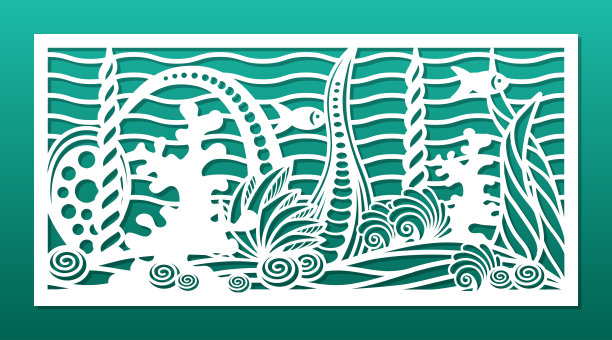 激光切割面板，海洋水下设计。CNC切割模板，墙面艺术，房间私密屏风，壁挂，家居内饰。海底世界，珊瑚礁，海草，贝壳。矢量图图片下载