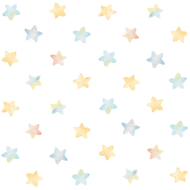 水彩无缝图案柔和的金色和蓝色星星在白色的背景。手工制作的插图印刷。用于设计，婴儿房，卡片，亚麻布，亚麻布，墙纸，箱包设计，海报。图片下载