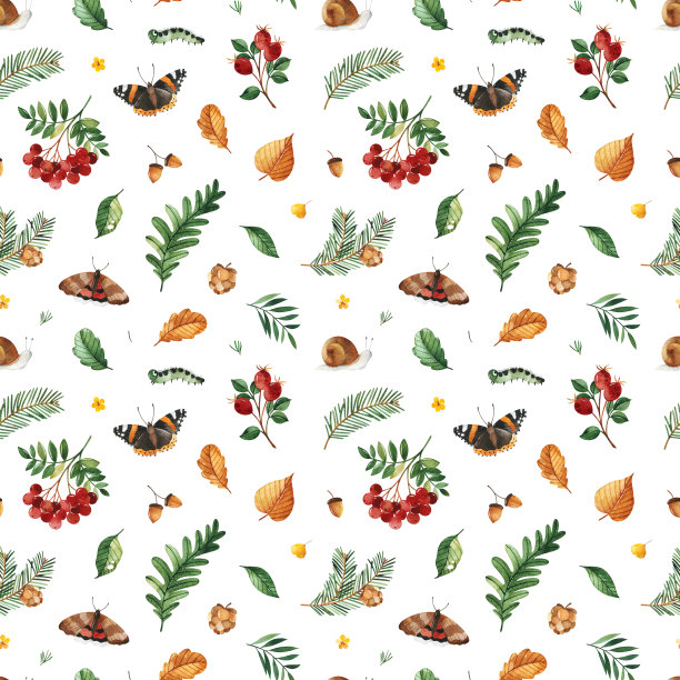 可爱的林地集合。水彩无缝模式图片下载