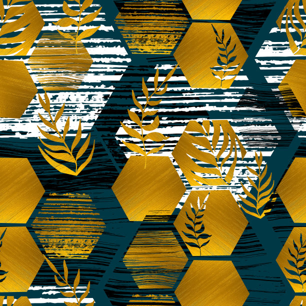 无缝图案金色蜂巢和棕榈叶的背景水平条纹形状在彩色背景图片下载