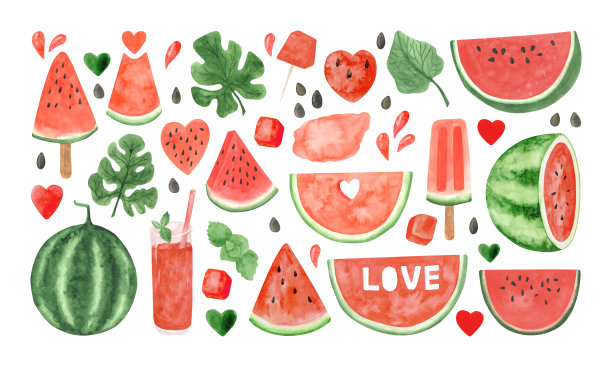 水彩西瓜剪纸集，夏天成熟的水果，西瓜派对图片下载