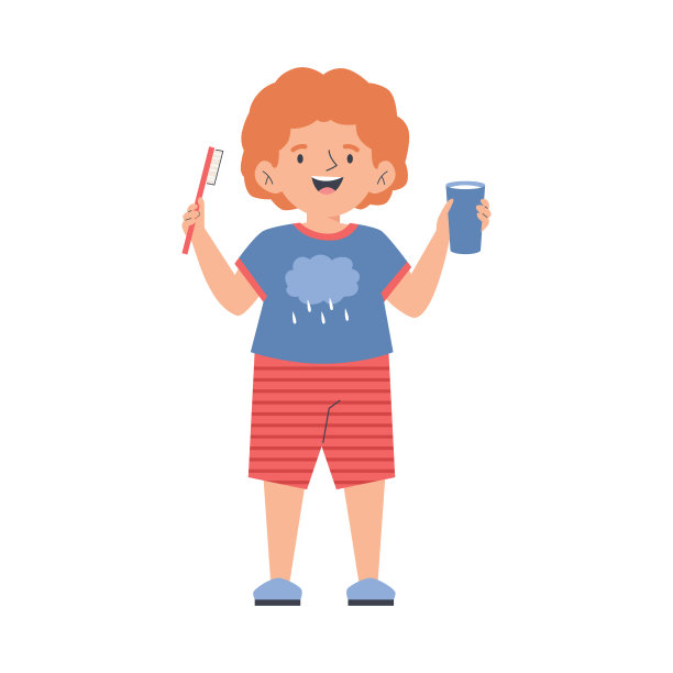 孩子刷牙站着用刷子，平面矢量插图孤立。图片下载