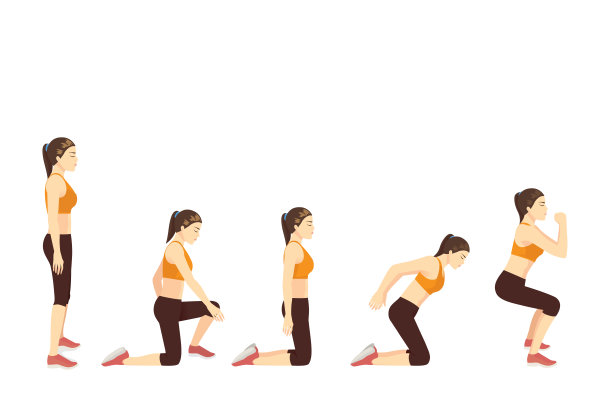 女性用膝盖下蹲做运动。上肢，股四头肌，腿筋的训练图。图片下载