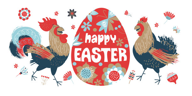 复活节快乐。五颜六色的复活节横幅，春花盛开，欢快的公鸡和带着复活节蛋的小鸡。图片下载