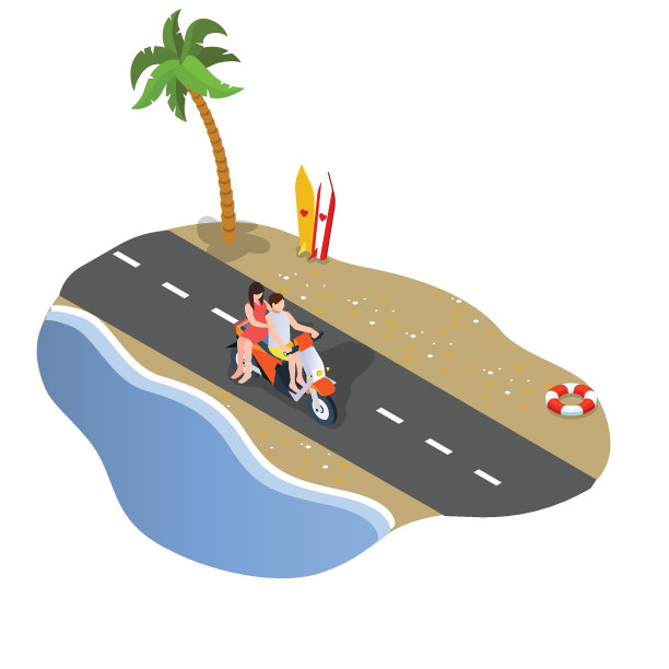 情侣骑摩托车在海滩等距3d图片下载