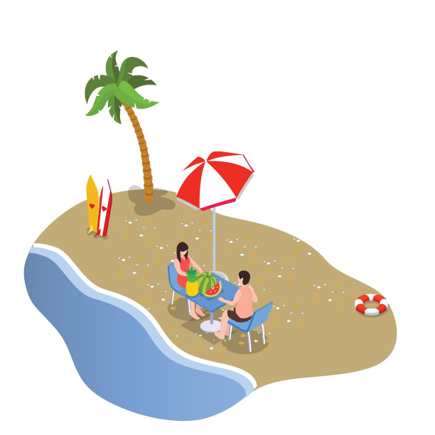 情侣在海滩上吃水果的等距3d图片下载