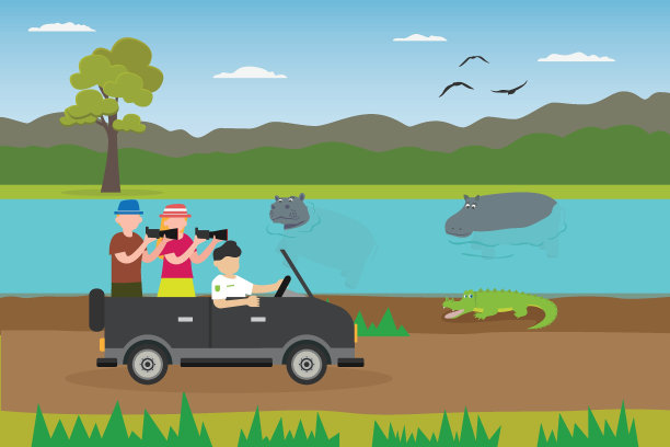 游客在野生动物园拍照矢量插图图片下载
