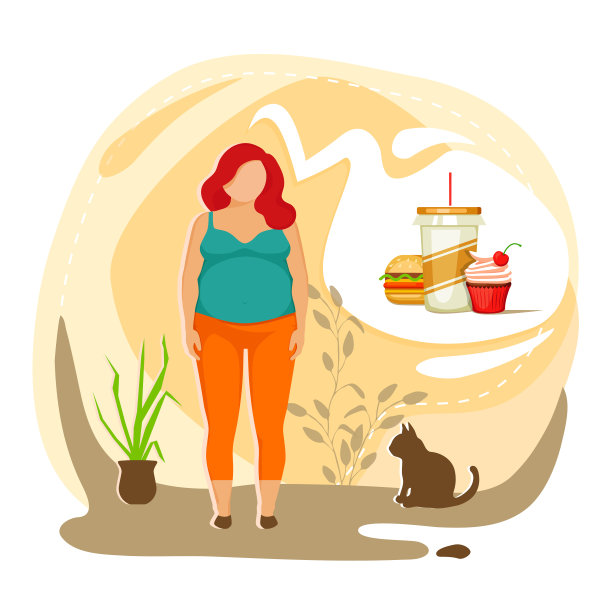 肥胖的女人想要垃圾食品。坏习惯。饥饿的概念。不健康的插图矢量图标图片下载