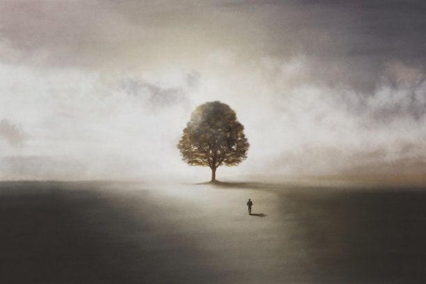 一个孤独的人走向象征生命的树的插画图片下载