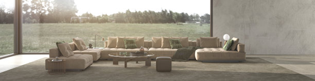 豪华现代客厅内饰。米色色调的设计，大窗户和自然森林景观背景。3d渲染插图网页横幅。图片下载