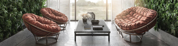 室内斯堪的纳维亚设计。客厅和室内露台。绿色的墙壁植物，藤条家具，石头地板。网页横幅。3 d渲染插图。图片下载