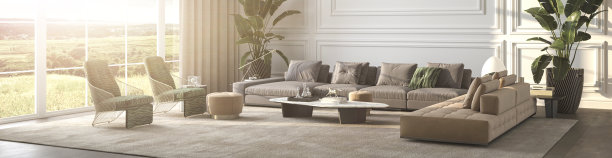 现代豪华的室内背景与全景窗户和自然植物的观点。用经典的窗户设计客厅。3 d渲染插图。图片下载