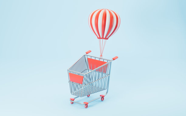 热气球和空购物车，三维渲染。图片下载