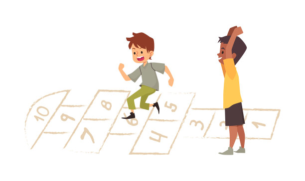 两个男孩在玩跳房子运动游戏，平面矢量图孤立。图片下载