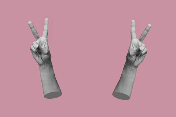 两只女性的手在玫瑰色的背景上表现出和平的姿态。3 d当代艺术图片下载