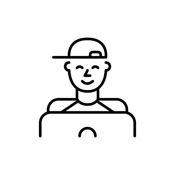 一个戴着棒球帽的小男孩在玩笔记本电脑。像素完美，可编辑的描边图标图片下载