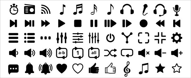 媒体音乐播放器按钮图标。多媒体播放器按钮设置。包含均衡器，暂停，设置，记录，收藏，重复，收音机，菜单，流，后退，下，后退的图标。矢量插图。图片下载