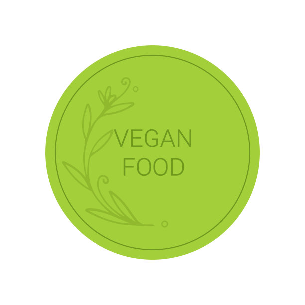 素食食品标签。圆形绿色标志，贴纸上有花。向量图片下载