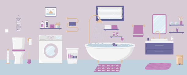 浴室内部与家具在平面设计风格。矢量插图。图片下载