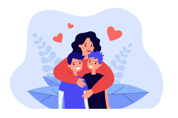 卡通母亲拥抱两个十几岁的儿子图片下载