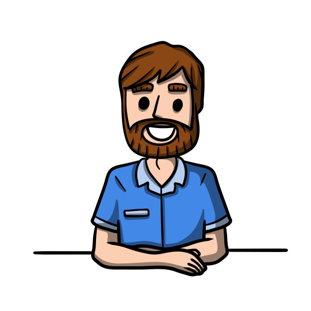 男子双臂交叉坐在桌旁。人物在前面。快乐的情绪。微笑的脸。卡通手绘草图。夏天的t恤。交谈时的放松姿势图片下载