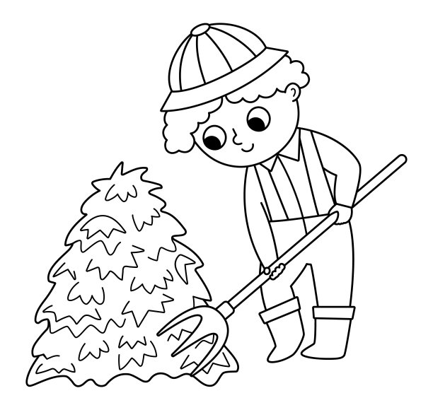 矢量黑白农民与干草叉图标。可爱的轮廓小孩在做农活。农村的国家性格。孩子收集干草。滑稽农场插图或着色页图片下载