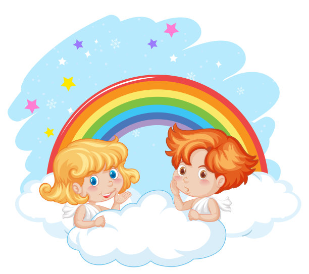 天使男孩和女孩在云中与彩虹在天空图片下载