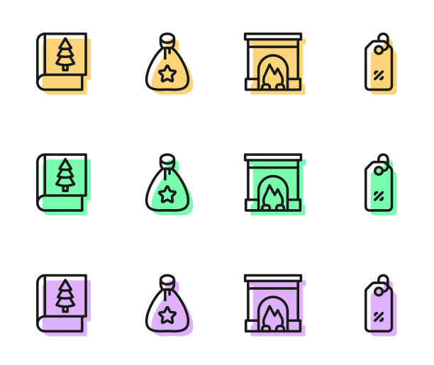 设置线室内壁炉，圣诞书，圣诞老人袋礼物和折扣百分比标签图标。向量图片下载