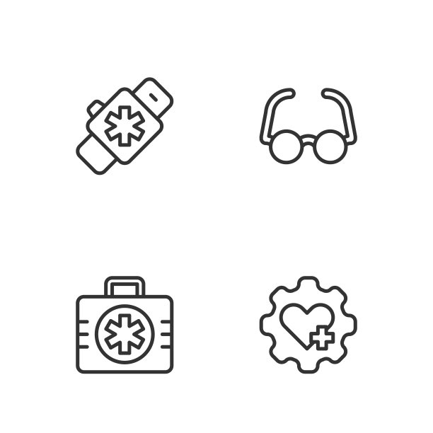 设置线心与十字，急救箱，智能手表心和眼镜图标。向量图片下载