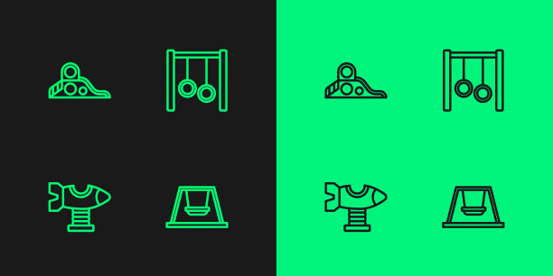 设置线秋千为儿童，飞机，滑梯游乐场和体操环图标。向量图片下载